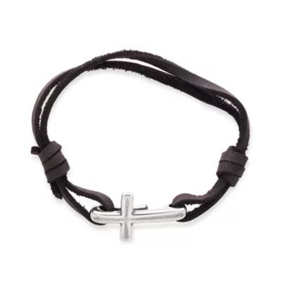 Cross Hook-On Leather Bracelet in Sterling Silver