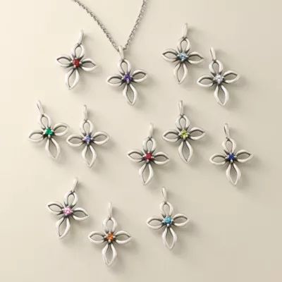 Avery Remembrance Birthstone Cross Pendant in Sterling Silver or 14K Yellow Gold - Image 2