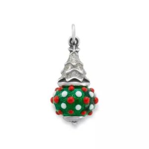 Enamel Glitter Christmas Tree Art Glass Charm in Sterling Silver