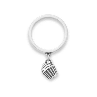Mini Cupcake Charm Dangle Ring in Sterling Silver