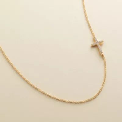 Delicate Pave Diamond Horizon Cross Necklace in 14K Yellow Gold - Image 3