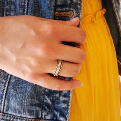 Beaded Scrolled Wedding Ring in Sterling Silver and 14K Yellow Gold - Image 3