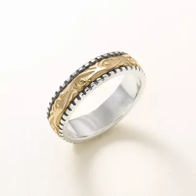 Beaded Scrolled Wedding Ring in Sterling Silver and 14K Yellow Gold - Image 2