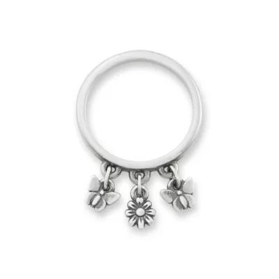 Daisy and Butterflies Dangle Ring in Sterling Silver